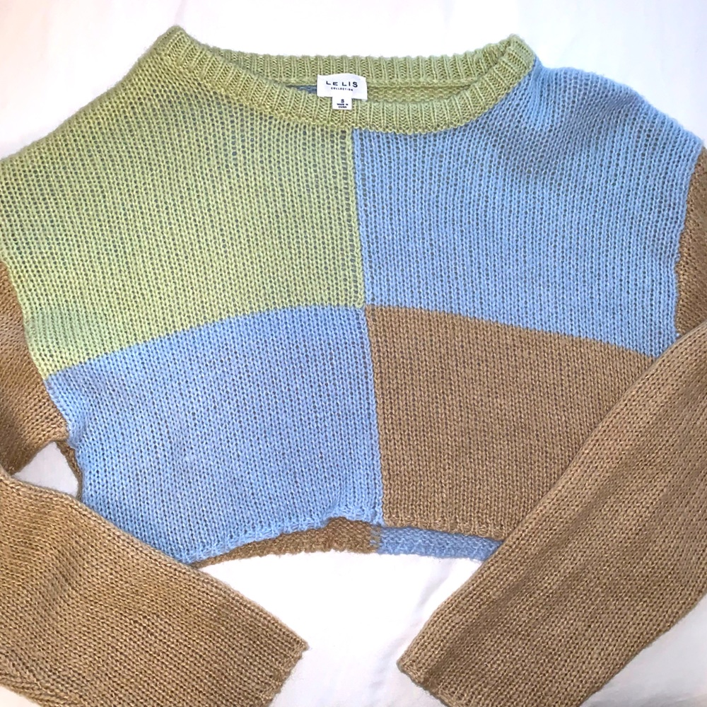 Colorblock Knit Cropped Sweater - baby blue, light green, & taupe